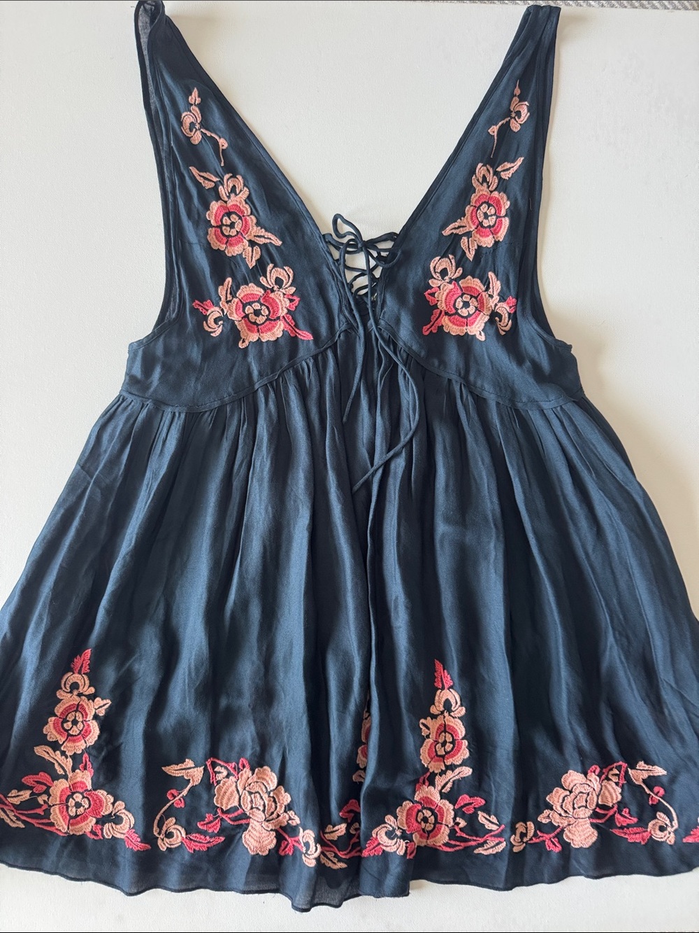Embroidered Navy Blue Midi Dress with Pink Floral Detail